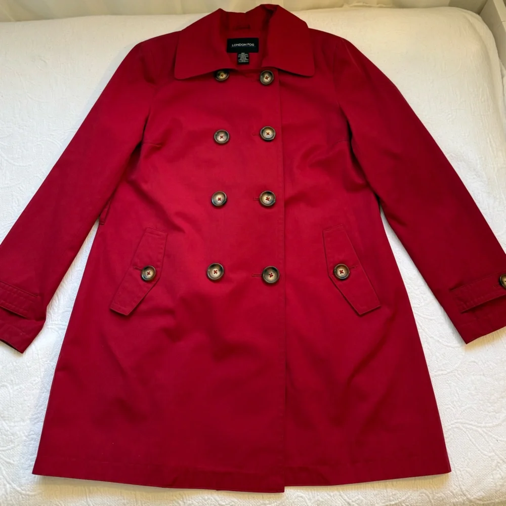 London Fog Red Double Breasted Trench Rain Coat Jacket Size M Classic Chic Bold - Picture 3 of 13